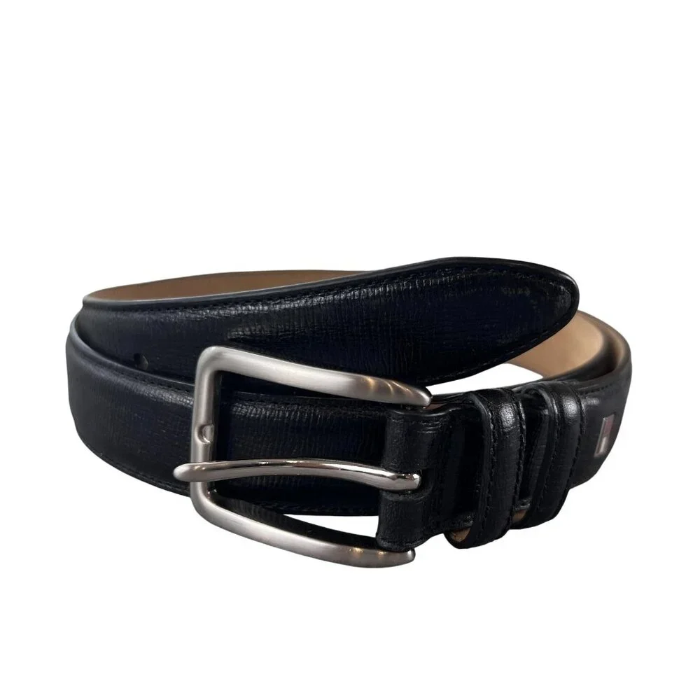 Tommy Hilfiger Mens Belt Black Leather Silver Buckle Dress Classic Formal Preppy